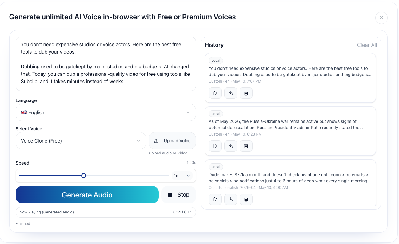 Subclip free text to speech and voice clone tool