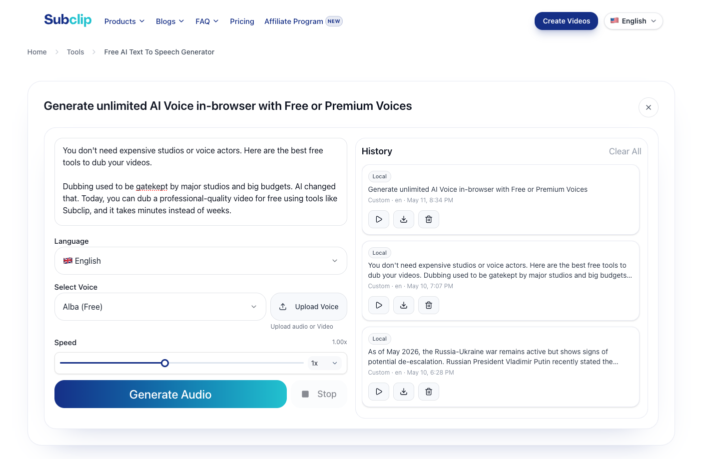 Subclip video translation interface